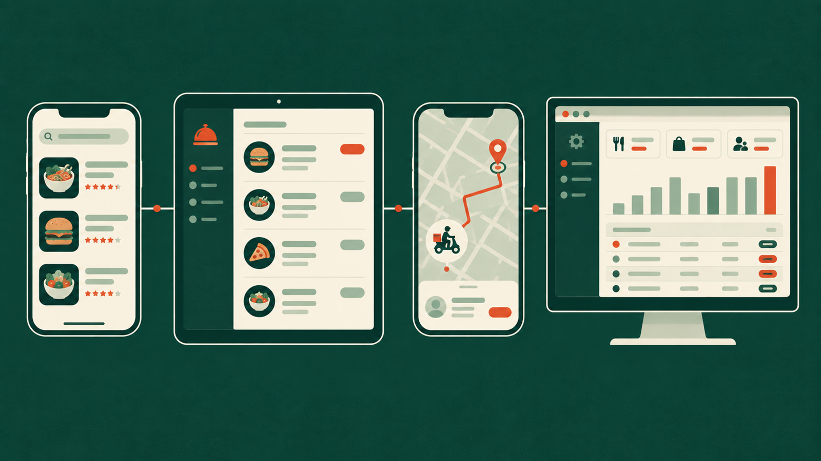The four parts of a food delivery app: customer, restaurant, driver and admin.