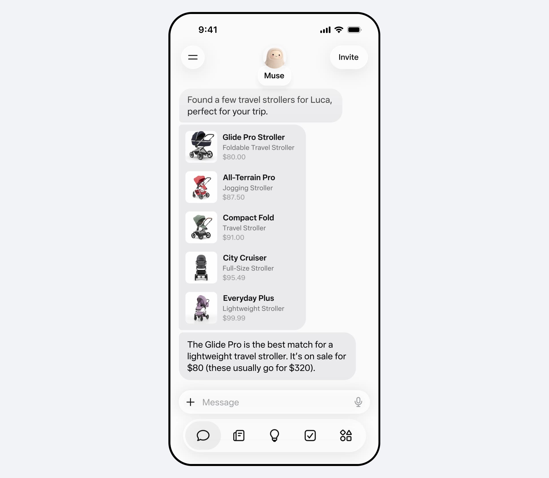 IMG-1: Muse app screen, a chat where Muse finds and prices travel strollers for a trip